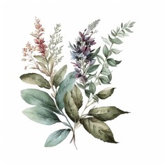 About Watercolor Sage Top 100 Flower Floral Clipart, Isolated on White Background.