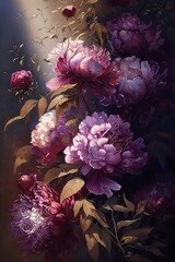 An illustrations of peonies in an artistic painterly style made with generative ai. 