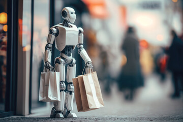 Robot with shopping bags walks on a street among people, Generative AI - 575763104