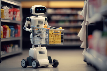 Robot with shopping cart in a grocery store, future concept, Generative AI - 575763146