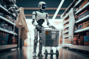 Humanoid robot with shopping cart, future concept, Generative AI