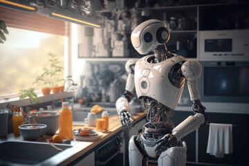 Fototapeta na wymiar Humanoid robot on a kitchen, against a window, daylight, Generative AI