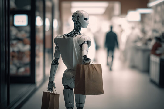Robot woman walks with shopping bags, future concept, Generative AI