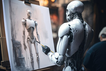 Robot draws cyborg, paint on canvas, Generative AI