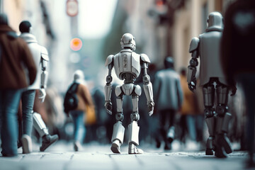 Humanoid robots walking on a street among people, Generative AI
