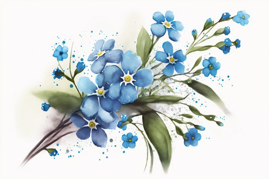 Watercolor drawing of a small bouquet of forget-me-not flowers. AI generated illustration.