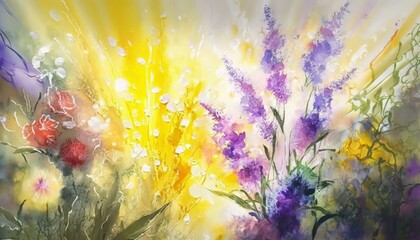 A spring garden in the sunshine with colorful flowers in a painterly style. Generative Ai.