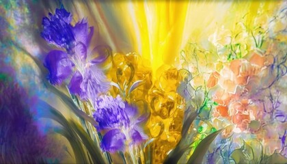 A spring garden in the sunshine with colorful flowers in a painterly style. Generative Ai.