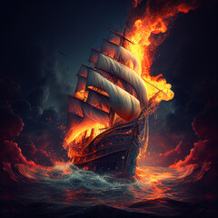 Fototapeta na wymiar the flaming ship in the night