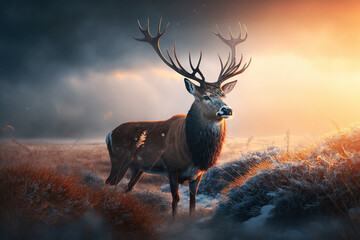 Large Deer Buck in the Morning Foggy Field. AI generated Illustration.