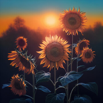 Beautiful Sunflowers in the Field. AI generated Illustration.