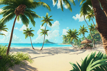 Obraz premium Tropical landscape. Tropical island in sunny weather. Palm trees, ocean, sandy beach. Generative AI.