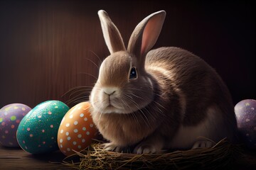 Fototapeta na wymiar Easter Bunny Rabbit Decorated Dyed Eggs Egg Hunt Colorful Background Image