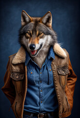 Humanoid wolf in casual clothes concept, Generative AI