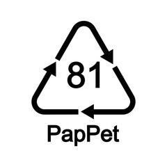 Peper plus plastic recycling icon in triangular shape with arrows. 81 Pap Pet reusable sign isolated on white background. Environmental protection concept
