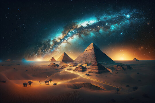 The Pyramids of Giza by night in Egypt with Milky Way Galaxy .AI generated Illustration.