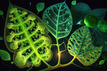Abstract representation of photosynthesis with bright green chloroplasts colorful light rays and intricate details, concept of Photosynthesis and Chloroplasts, created with Generative AI technology