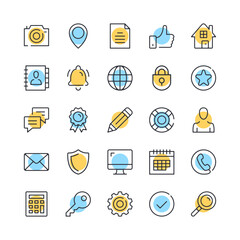 Basic line icons. Set of universal web icons. Black, blue and yellow colors. Modern outline graphic design. Vector line icons set
