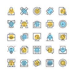 Office line icons. Set of office work icons. Black, blue and yellow colors. Modern outline graphic design. Vector line icons set