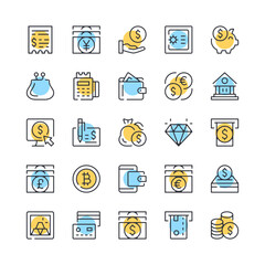 Money line icons. Set of money icons. Black, blue and yellow colors. Modern outline graphic design. Vector line icons set