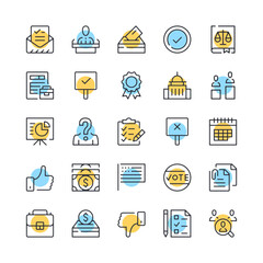 Voting line icons. Set of election icons. Black, blue and yellow colors. Modern outline graphic design. Vector line icons set