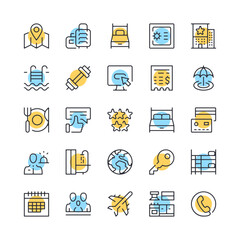 Hotel line icons. Set of hotel amenities icons. Black, blue and yellow colors. Modern outline graphic design. Vector line icons set