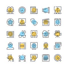 Cinema line icons. Set of film industry icons. Black, blue and yellow colors. Modern outline graphic design. Vector line icons set