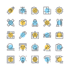 Home repair line icons. Set of home renovation icons. Black, blue and yellow colors. Modern outline graphic design. Vector line icons set