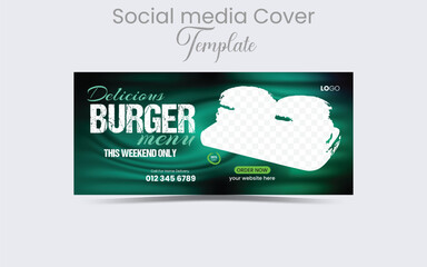 Burger sale food menu social media Facebook cover or web banner template, social media cover vector illustration