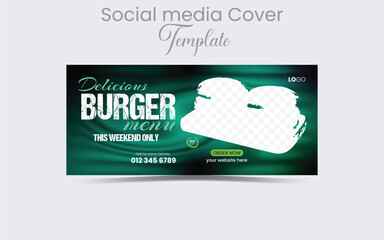Obraz premium Burger sale food menu social media Facebook cover or web banner template, social media cover vector illustration