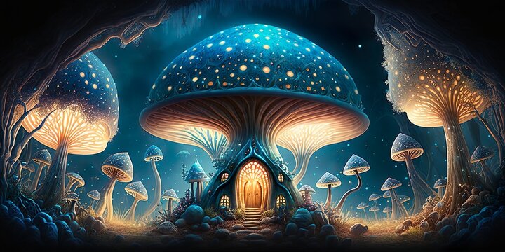 Fantasy magic House mushrooms. Alien forest world. Fantastic fungus with glowing stems. Generative AI