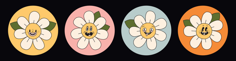 Set of funny daisy flower smiling faces. Groovy spring chamomile characters mascot. Cartoon hippie 70s avatar colletion. Vector logo cards in trendy retro style. Bloom floral elements