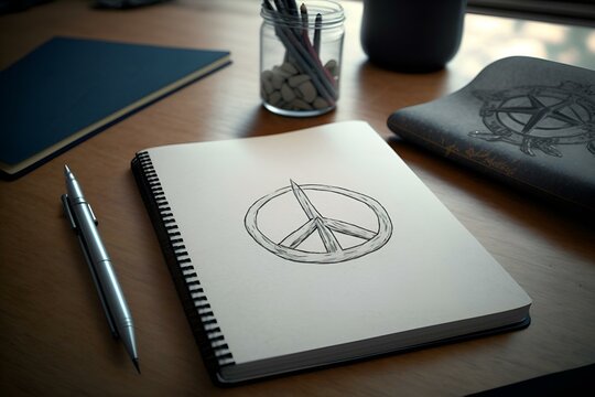 Pacifist peace symbol written on a paper notebook, illustration. international day for peace. Generative AI