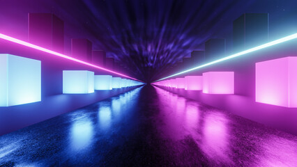 Futuristic Bridge With Blue And Purple Neon Illumination. Abstract Concept World, Cyber Futurism. Retro Style. 3D Background With Elements For Banners, Posters, Templates. Fashion Render Design.