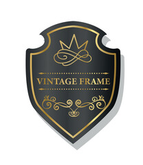 Vintage frame dark gold. Text and silhouette of crown. Luxurious product for rich people, antique and royal. Emblem, badge and sticker. Realistic flat vector illustration