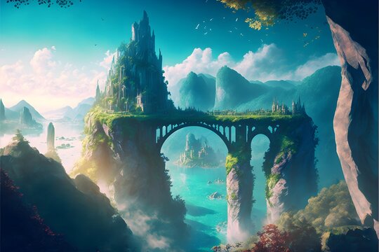 Full Scene Photography High View Point Surreal Nature Epic Fantasy Landscape Mountain Mysterious Fantasy Citadel On A Floating Island Green Fields Fantasy Forest Daylight Sunny Distant Floating 