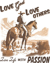 Cowboy Horseback Riding. Artwork design, illustration for T-shirt printing, poster, wild west style, American western.