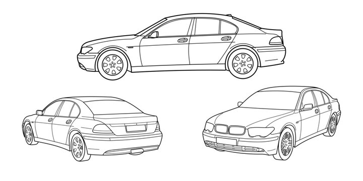 Ivano-Frankivsk, Ukraine - 23 Fabruary 2023: Outline drawing of a BMW E65 7 series classic exetive busines car, sedane car from side view. Vector doodle illustration