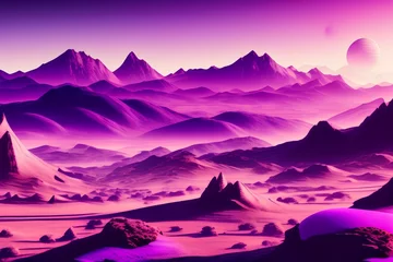 Gordijnen purple landscape with mountains and planet - generative ai © unalcreative
