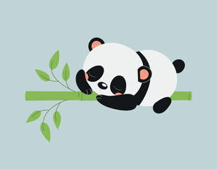 Cute panda sleep on bamboo. Asian flora and fauna, lazy character dream. Rest and recuperation. Poster or banner for website. Happy animal. Cartoon flat vector illustration