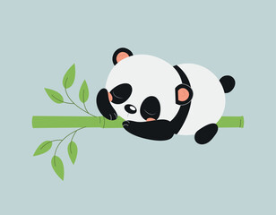 Cute panda sleep on bamboo. Asian flora and fauna, lazy character dream. Rest and recuperation. Poster or banner for website. Happy animal. Cartoon flat vector illustration © Rudzhan