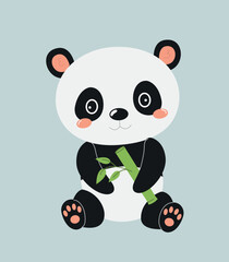 Cute panda eat bamboo. Charming character sitting with plant. Flora and fauna, Asian culture. Zoology and biology. exotic animal with tree. Cartoon flat vector illustration