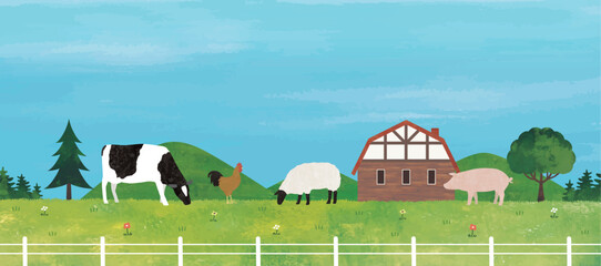 牛と豚と羊と鶏のいる観光牧場水彩画横からの図 - obrazy, fototapety, plakaty
