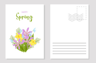 Fototapeta na wymiar The layout of the spring postcard.Template. Vertical. Vector flat illustration.