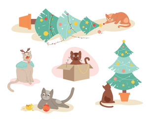 Winter cat set. Symbol of winter holidays and festivals, Christmas and New Year. Playful kitten with tree, garland and decoration. Cartoon flat vector illustrations isolated on white background