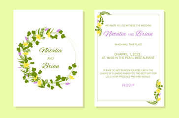 Fototapeta na wymiar Wedding invitation template. Flower frame and text. The inscription is decorated with a wreath of flowers. Lilac, blue. pink, green colors. Vector illustration.