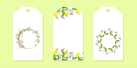 The layout is a template of colored labels for clothes. Floral spring design. Vector illustration.