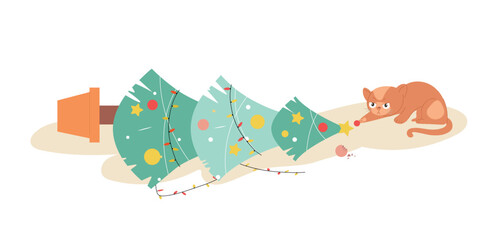 Naklejka premium Winter cat with Christmas tree. Kitten knocked down decoration of apartment, symbol of New Year, holiday and festival, traditions. Garland and toys, star and balls. Cartoon flat vector illustration