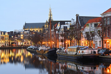 Spaarne River in Haarlem at night.