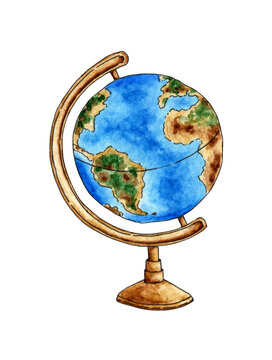 Watercolor illustration of a blue and green earth globe on a brown base. One object, side view. Hand painting. Cut out clipart emblem for design and decoration. Isolated on white background.